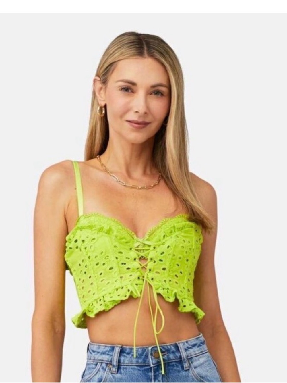 For Love & Lemons Neon Lime Eyelet Lace-Up Crop Top